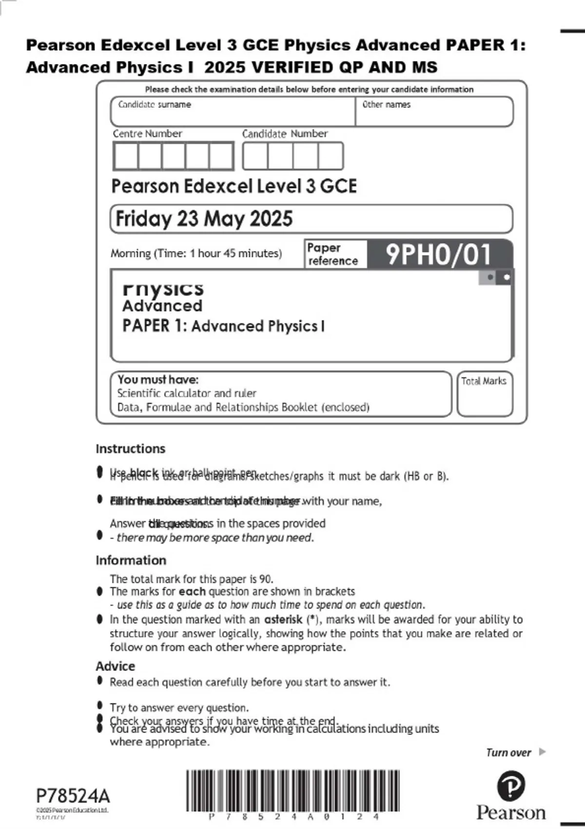 Pearson Edexcel Level 3 GCE Physics Advanced PAPER 1: Advanced Physics ...