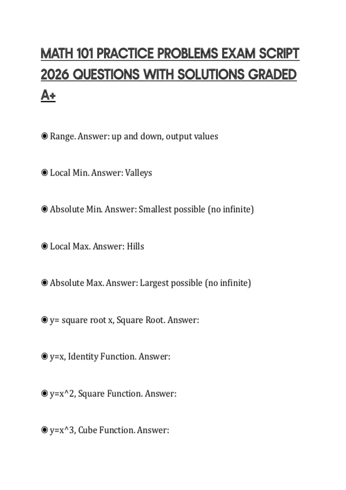 MATH 101 PRACTICE PROBLEMS EXAM SCRIPT 2026 QUESTIONS WITH SOLUTIONS ...