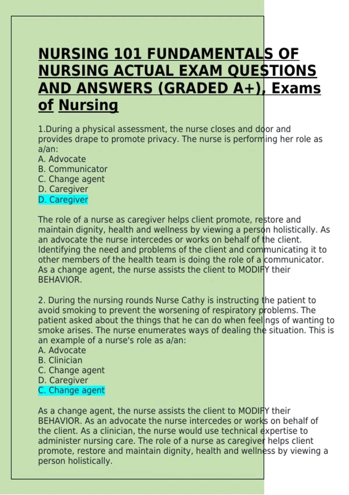 Nursing 101 Fundamentals of Nursing Exam Questions and Verified Answers ...