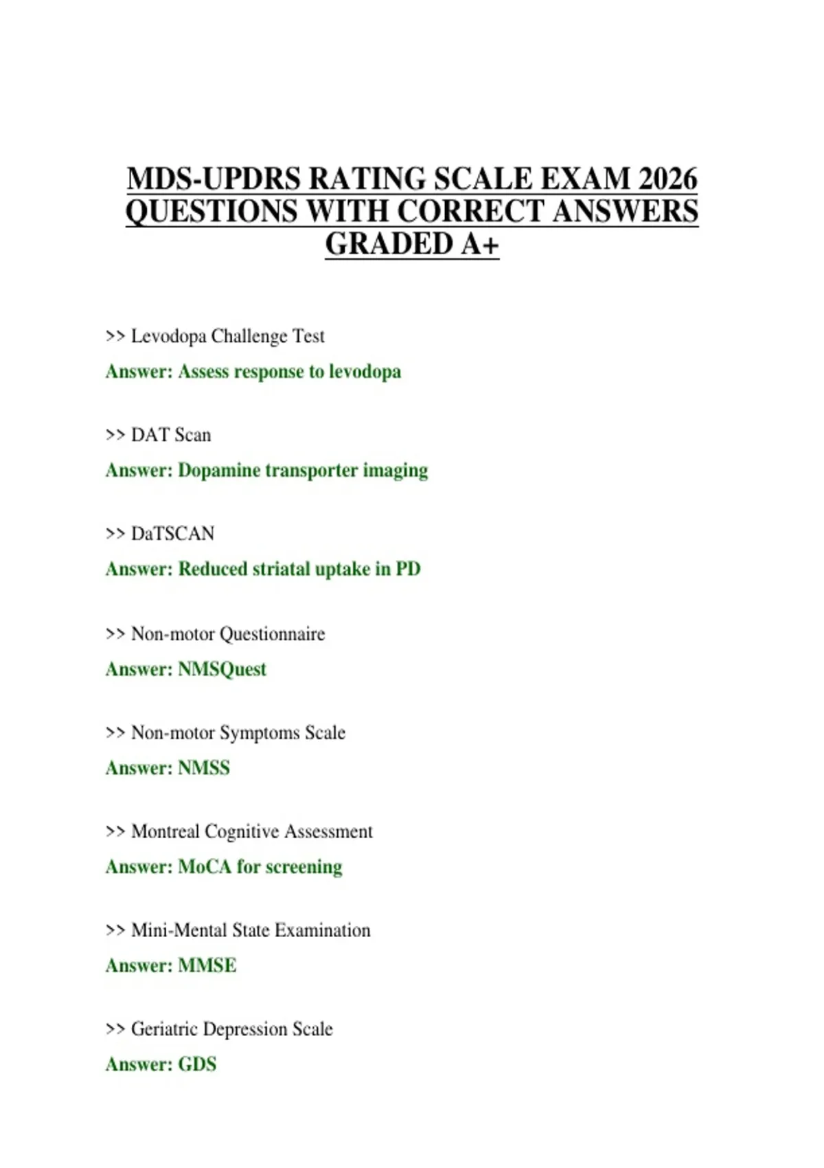 MDS-UPDRS RATING SCALE EXAM 2026 QUESTIONS WITH CORRECT ANSWERS GRADED ...