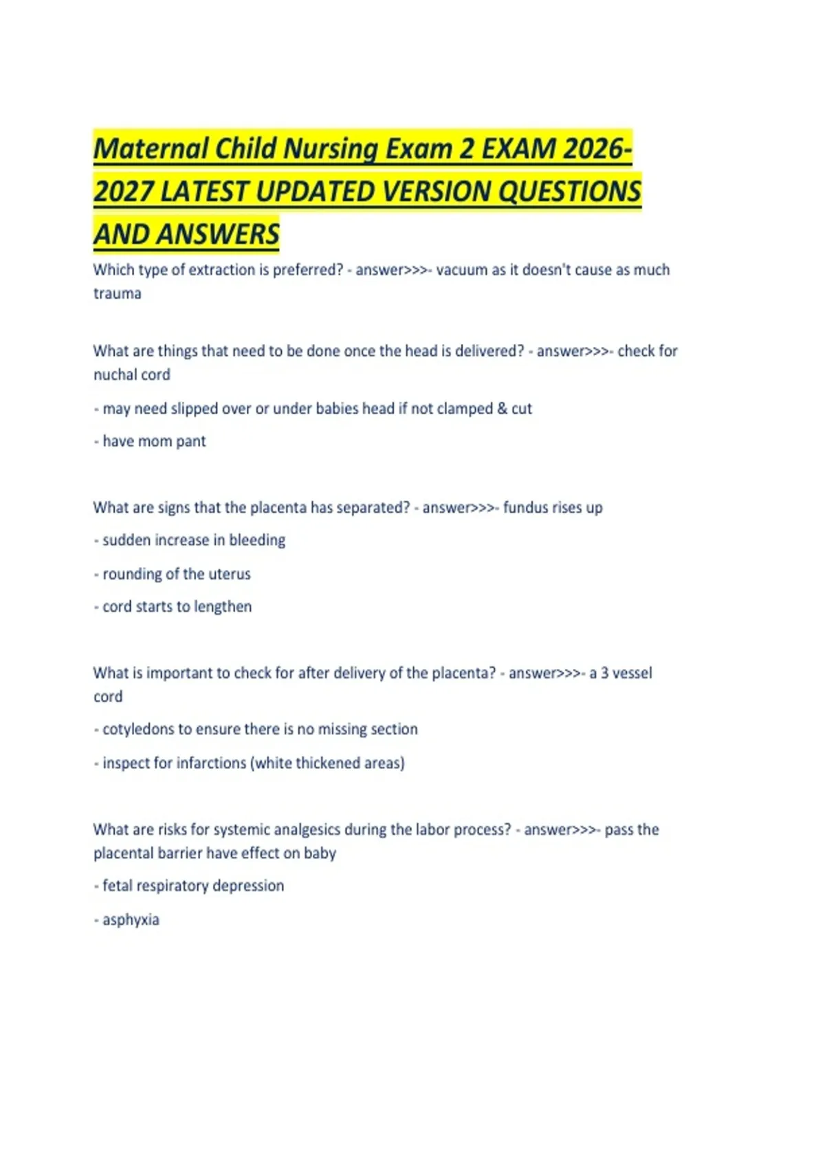 Maternal Child Nursing Exam 2 EXAM LATEST UPDATED VERSION QUESTIONS AND ...