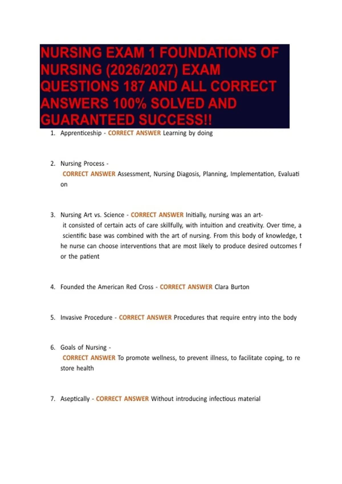 NURSING EXAM 1 FOUNDATIONS OF NURSING (2026/2027) EXAM QUESTIONS 187 ...