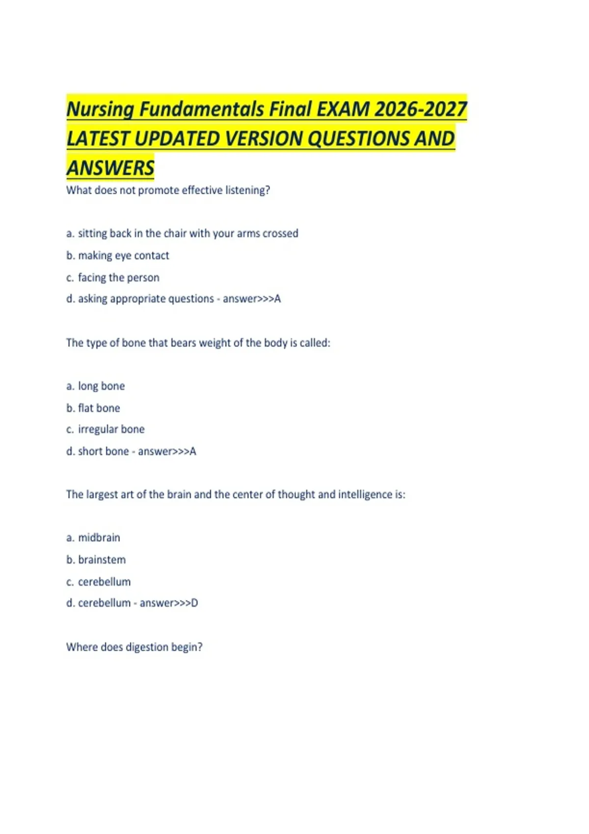 Nursing Fundamentals Final EXAM LATEST UPDATED VERSION QUESTIONS AND ...