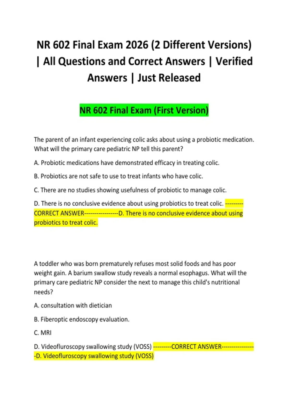 NR 602 Final Exam 2026 (2 Different Versions) | All Questions and ...