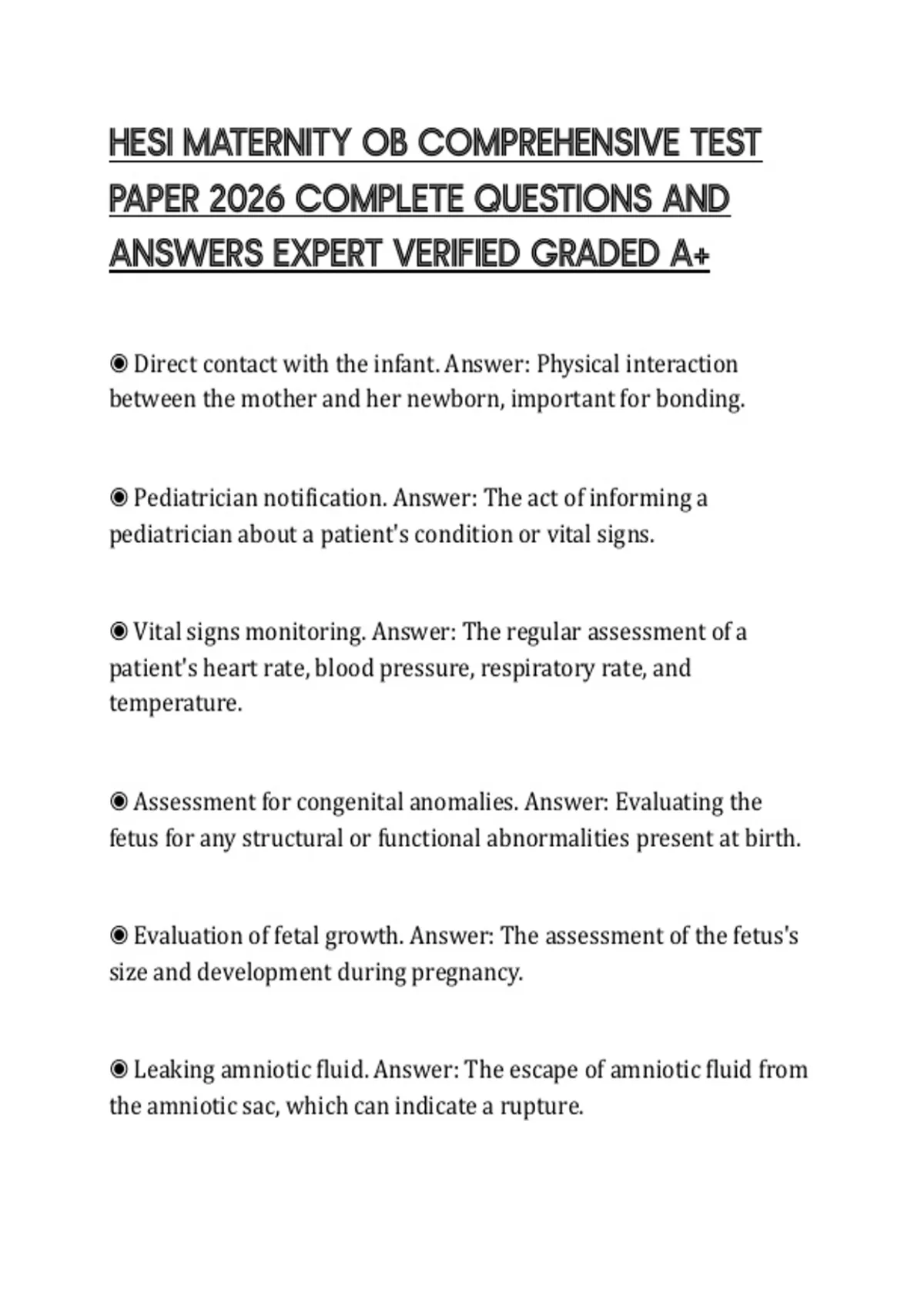 HESI MATERNITY OB COMPREHENSIVE TEST PAPER 2026 COMPLETE QUESTIONS AND ...