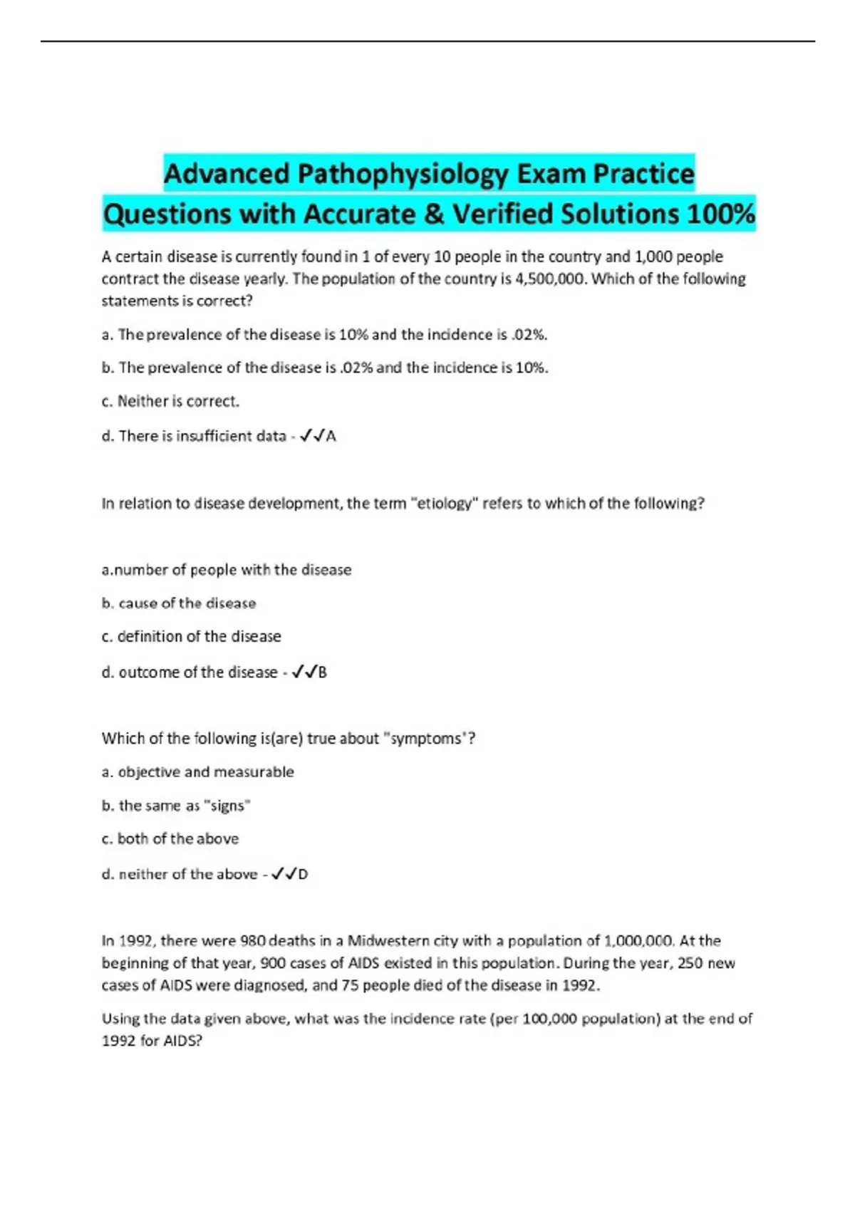 Advanced Pathophysiology Exam Practice Questions with Accurate ...