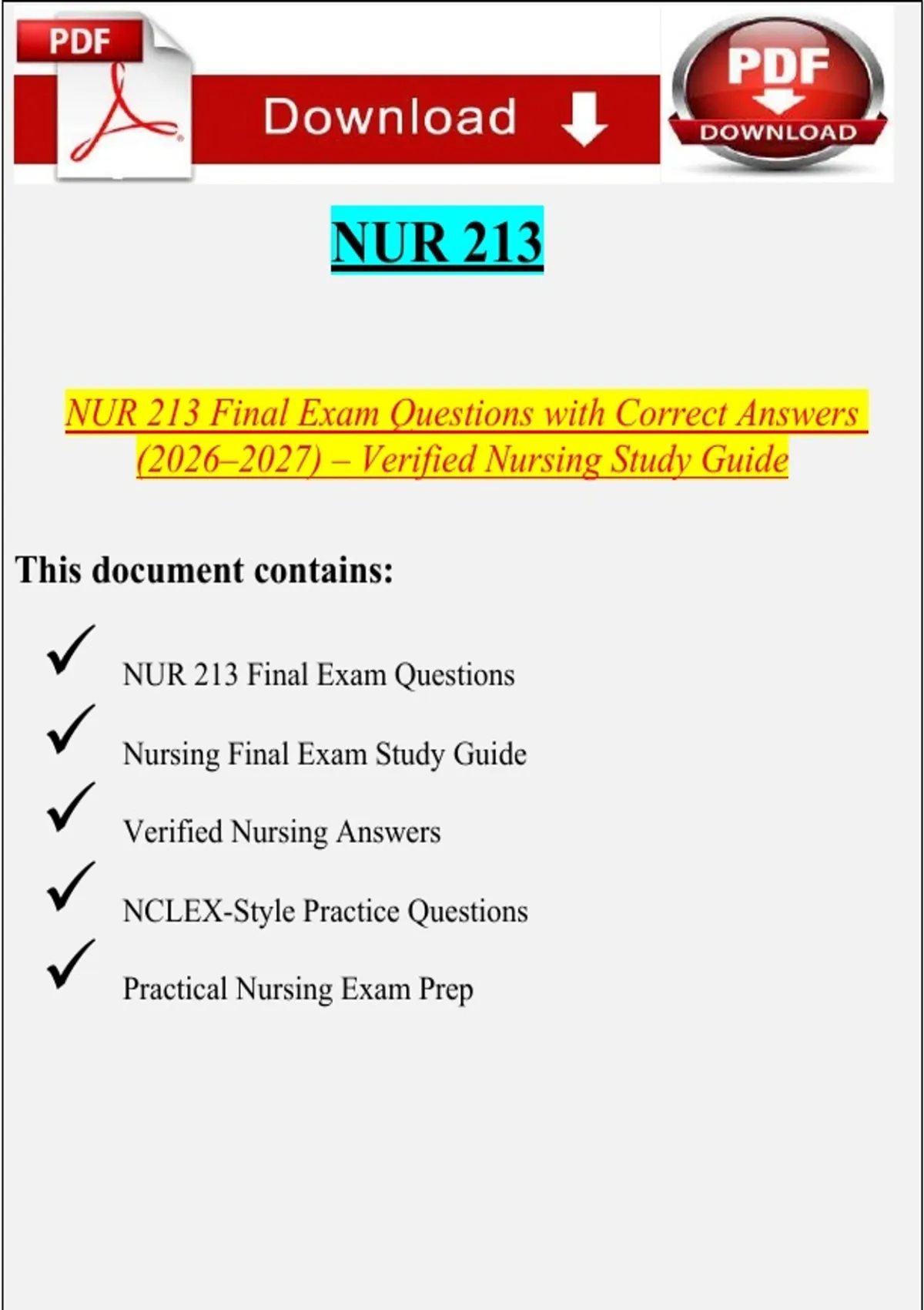 NUR 213 Final Exam Questions & Answers 2026–2027 | Verified Nursing ...