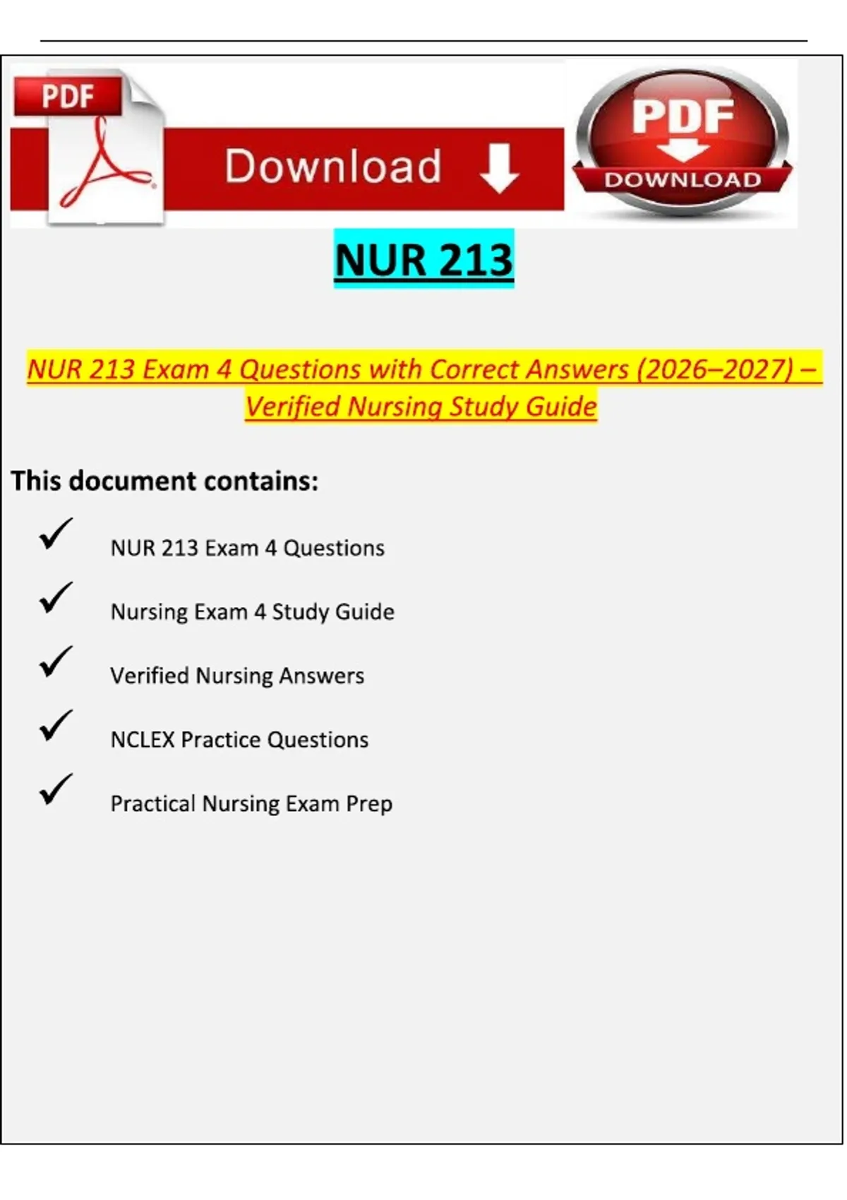 NUR 213 All-in-One Study & Exam Guide Bundle 2026–2027 | A+ Verified ...