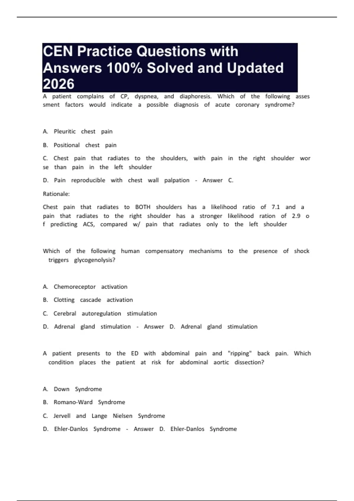 CEN Practice Questions with Answers 100% Solved and Updated 2026 - Cenp - Stuvia US