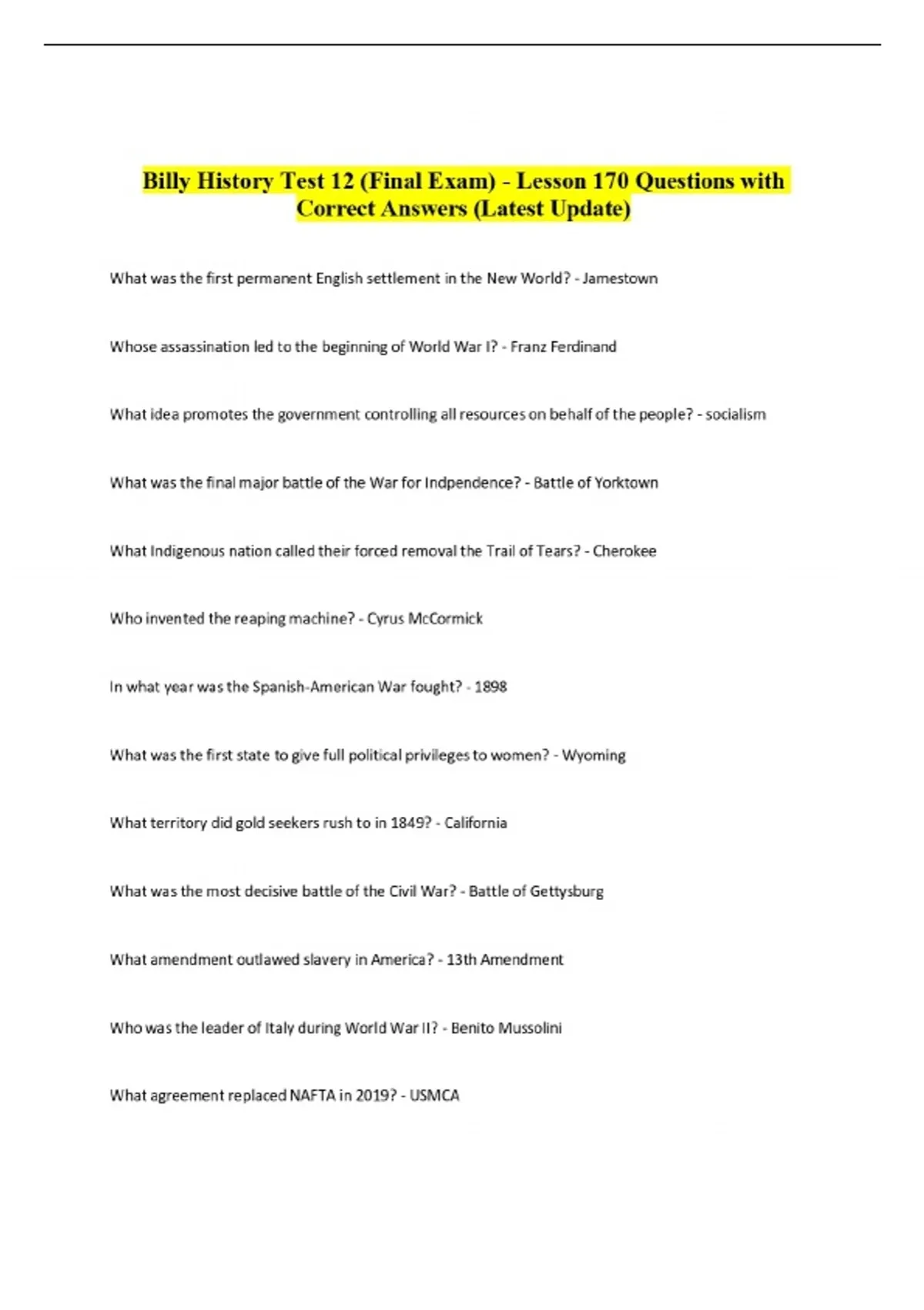 Billy History Test 12 (Final Exam) - Lesson 170 Questions with Correct ...