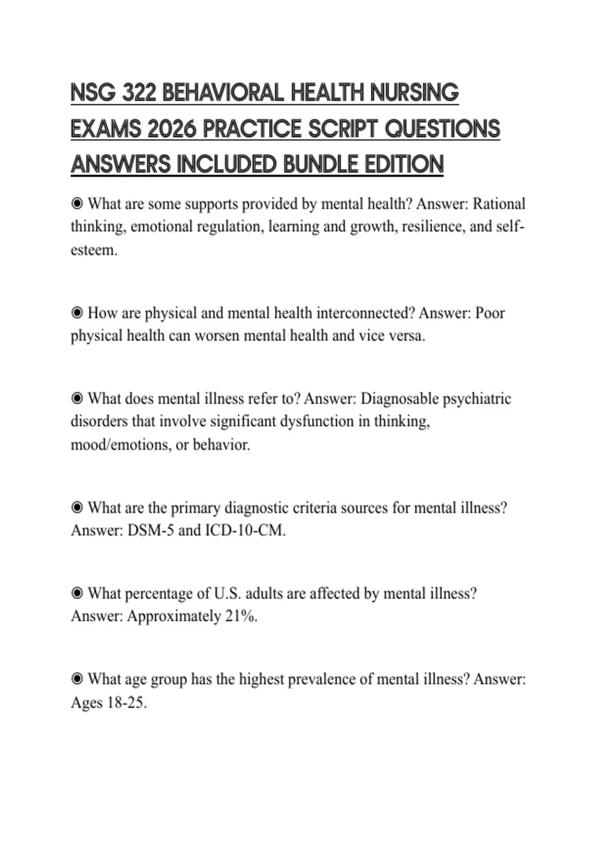 NSG 322 BEHAVIORAL HEALTH NURSING EXAMS 2026 PRACTICE SCRIPT QUESTIONS ...