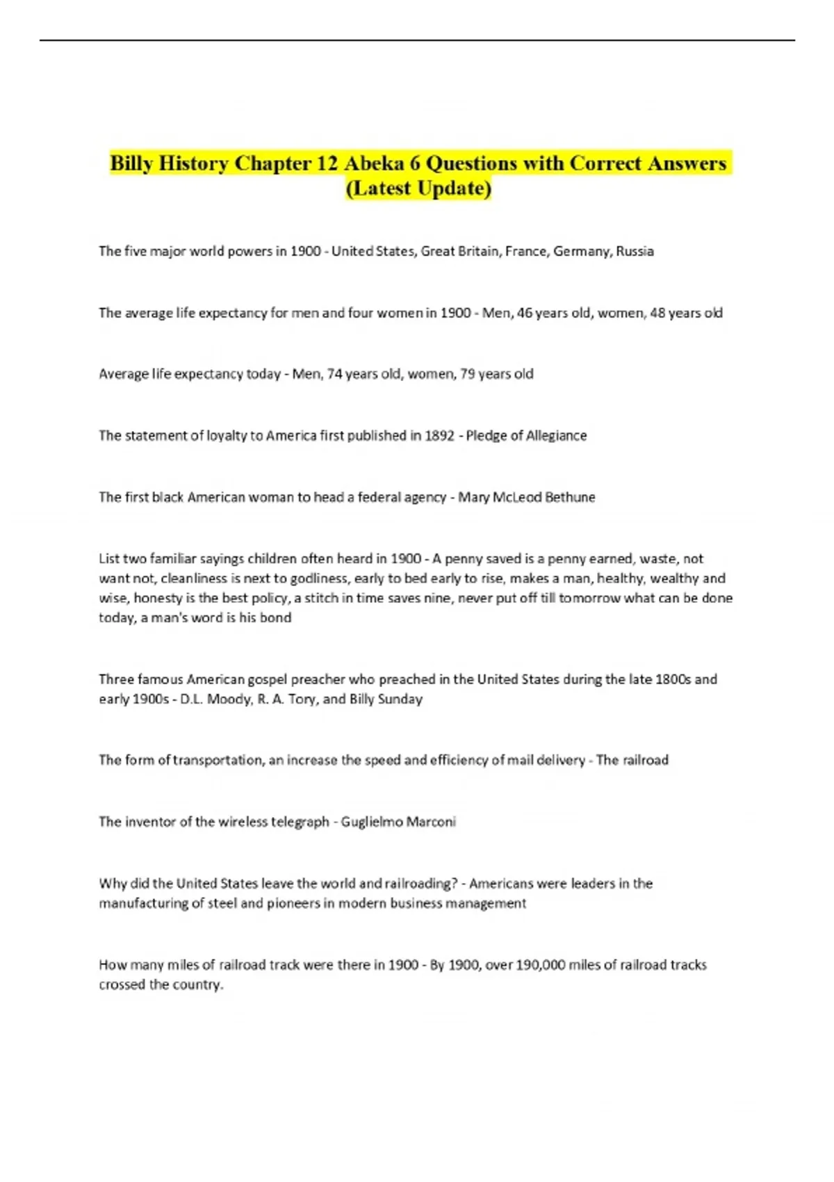 Billy History Chapter 12 Abeka 6 Questions with Correct Answers (Latest ...
