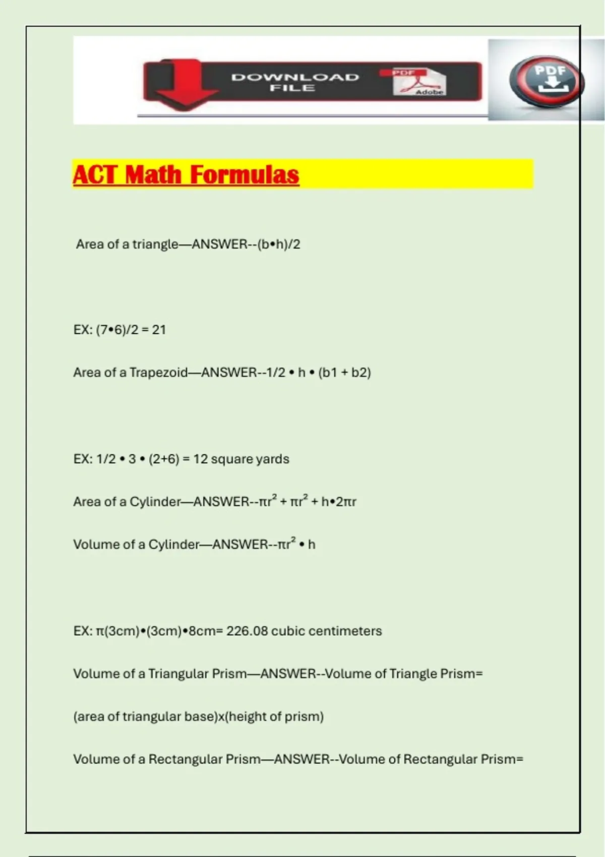 ACT Math Formulas - ACT - Stuvia US