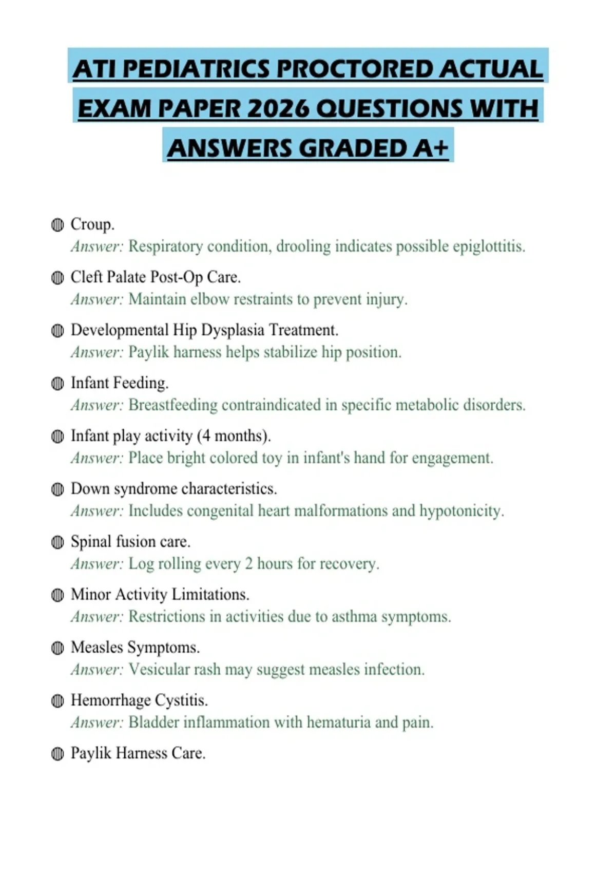 ATI PEDIATRICS PROCTORED ACTUAL EXAM PAPER 2026 QUESTIONS WITH ANSWERS ...