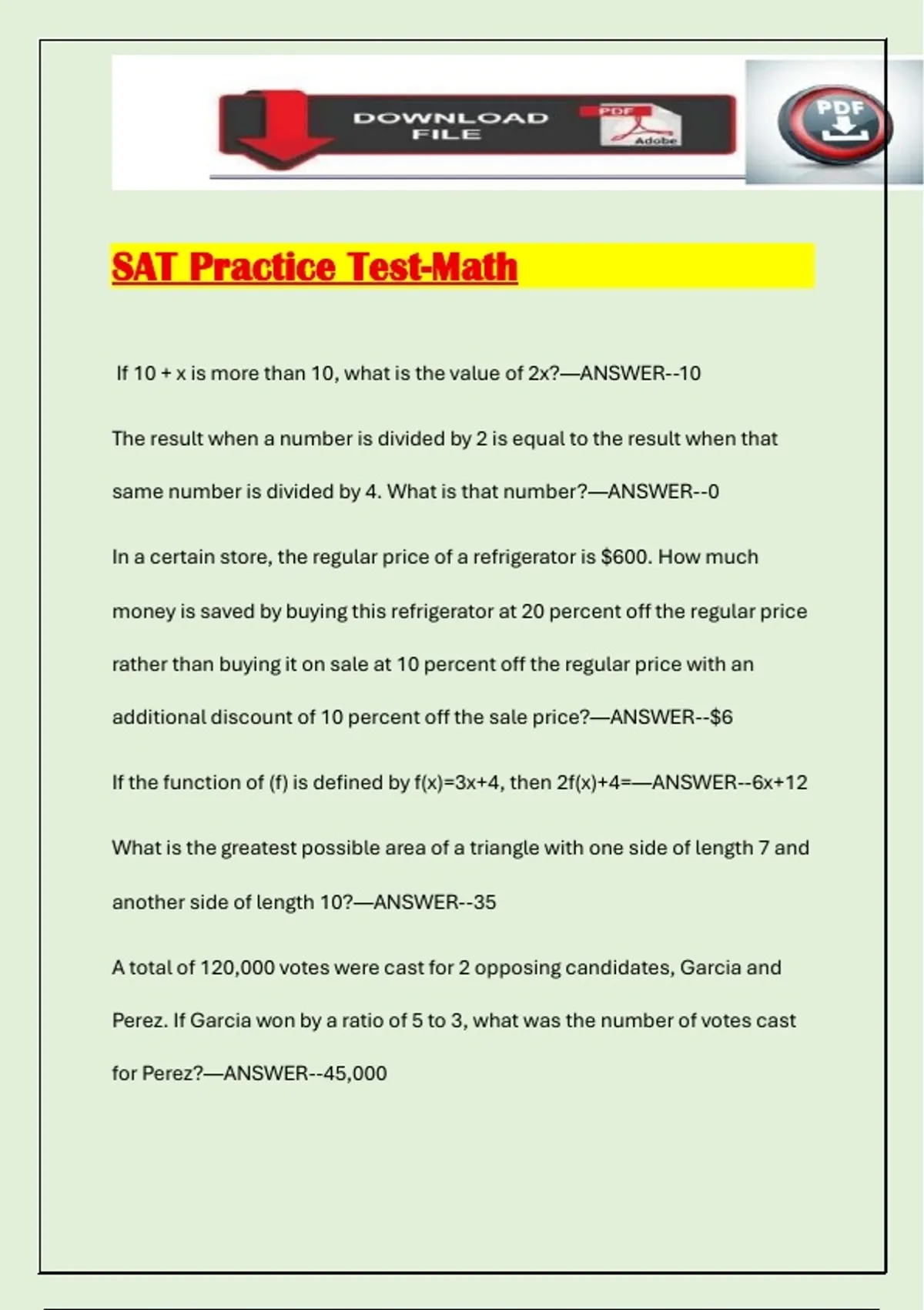 Math Course Sat SAT Practice Test-Math - SAT - Stuvia US