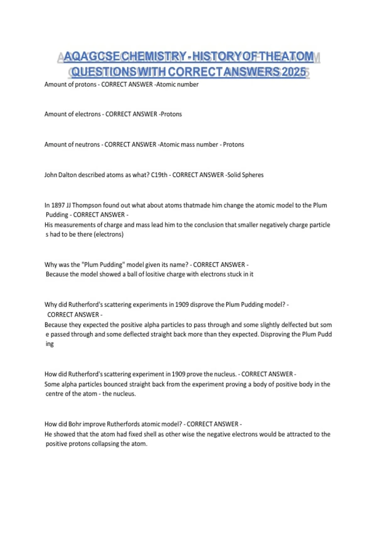 AQA GCSE Chemistry – History of the Atom Questions with Correct Answers ...