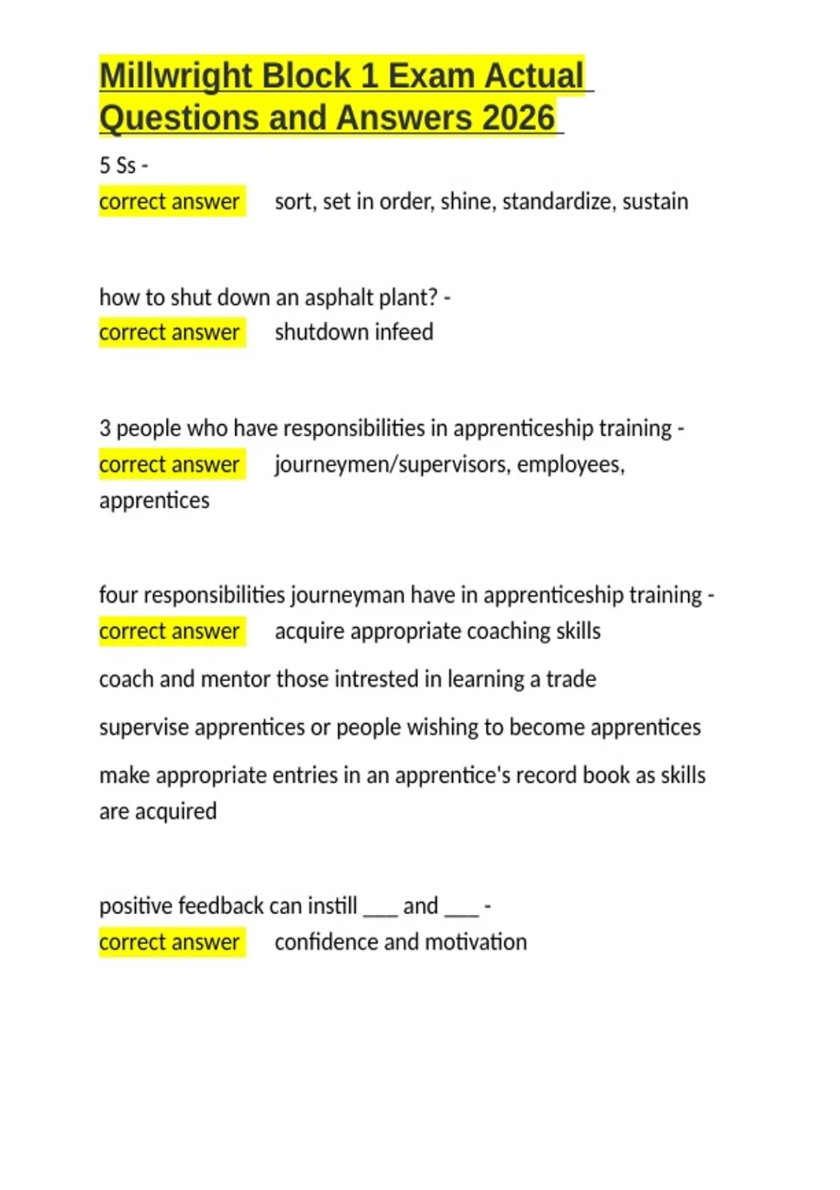 Millwright Block 1 Exam Actual Questions and Answers 2026.docx ...