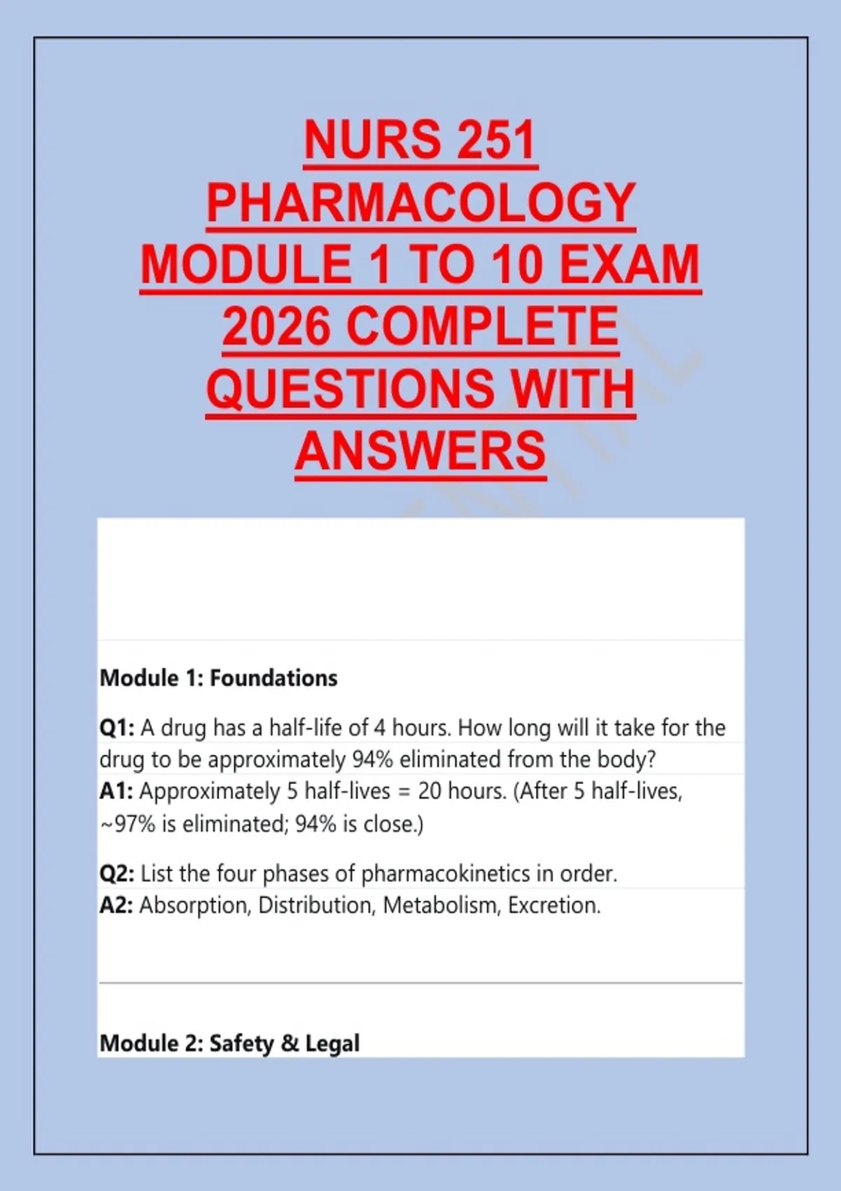 NURS 251 PHARMACOLOGY MODULE 1 TO 10 EXAM 2026 COMPLETE QUESTIONS WITH ...