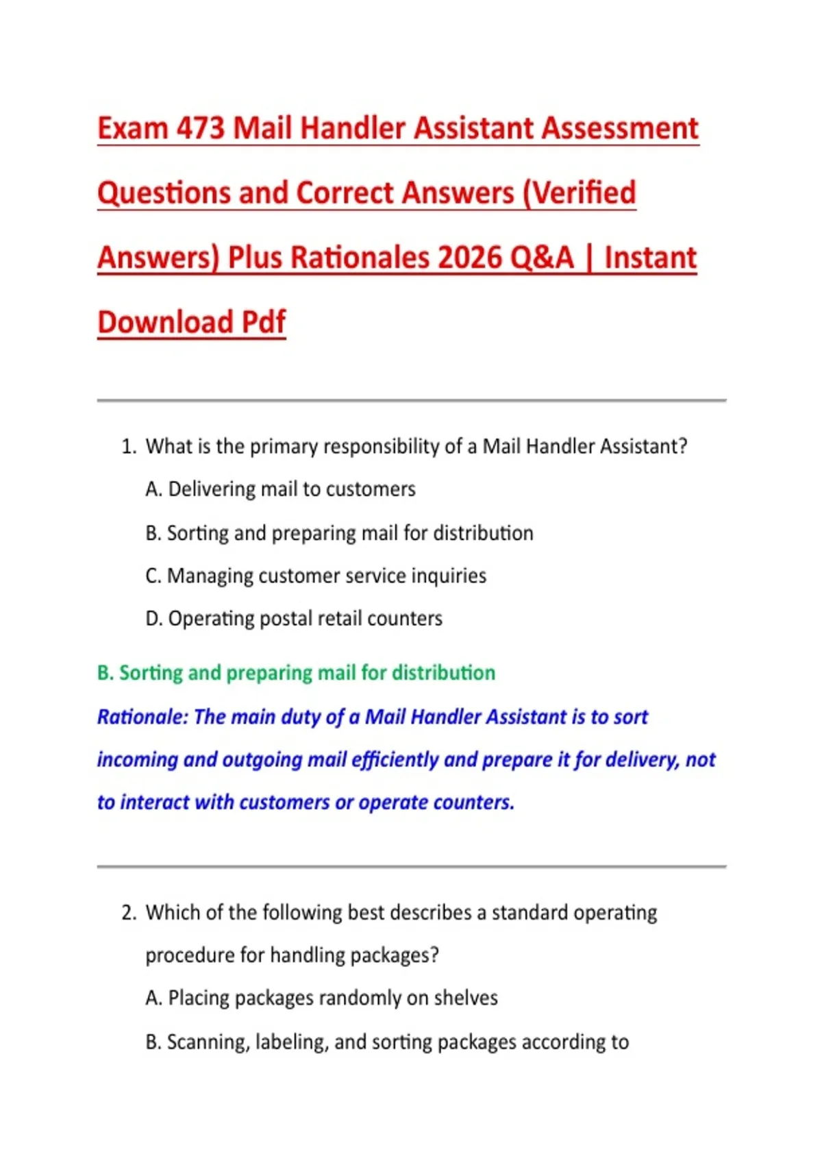 Exam 473 Mail Handler Assistant Assessment Questions and Correct ...