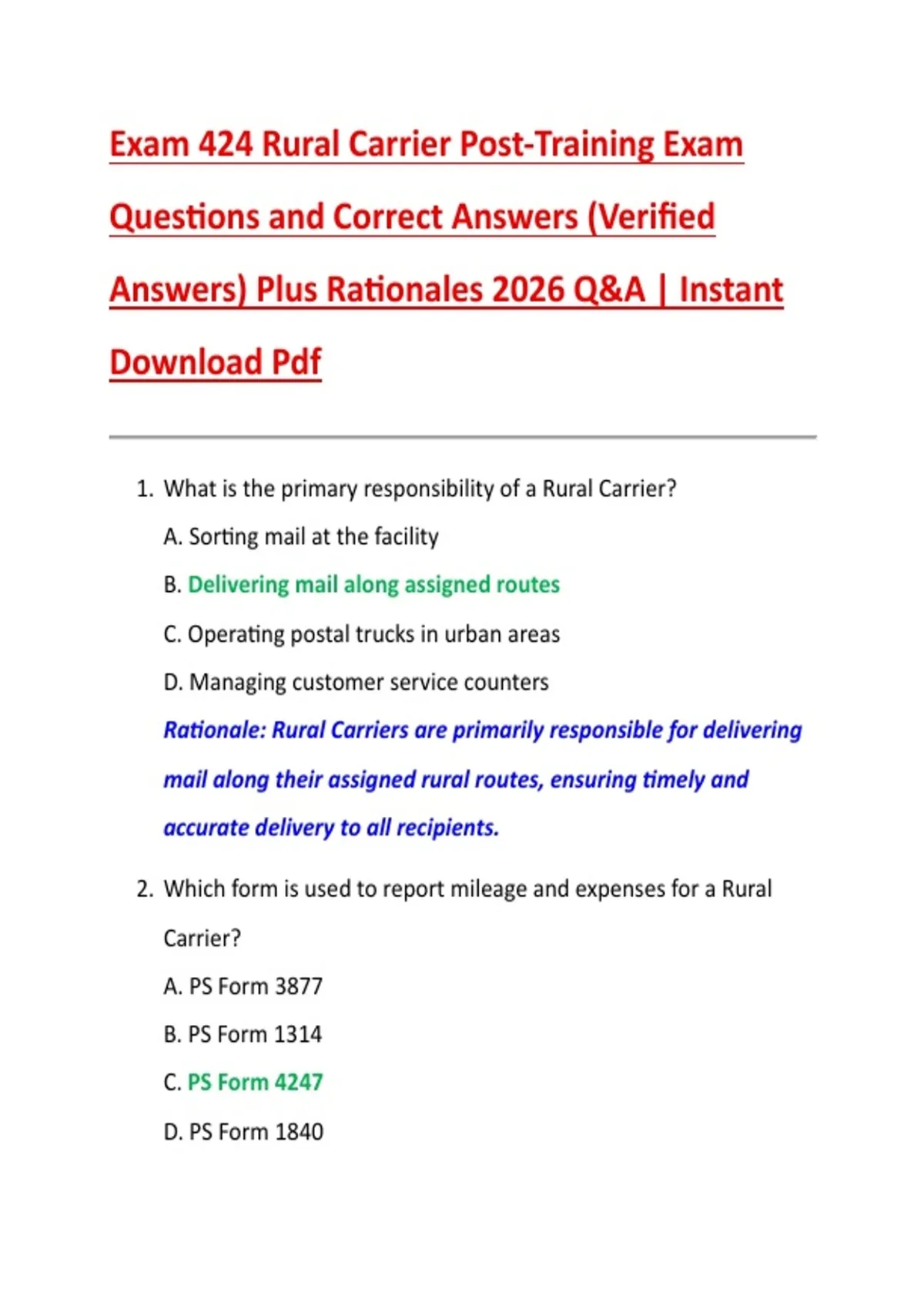 Exam 424 Rural Carrier Post-Training Exam Questions and Correct Answers ...