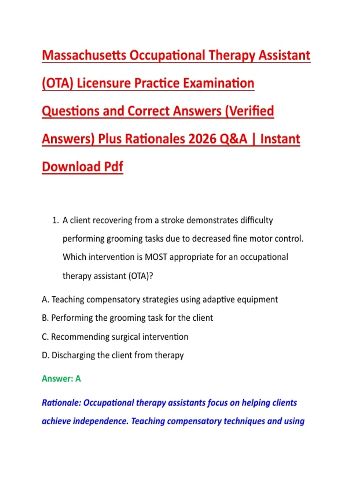 Massachusetts Occupational Therapy Assistant (OTA) Licensure Practice Examination Questions and ...