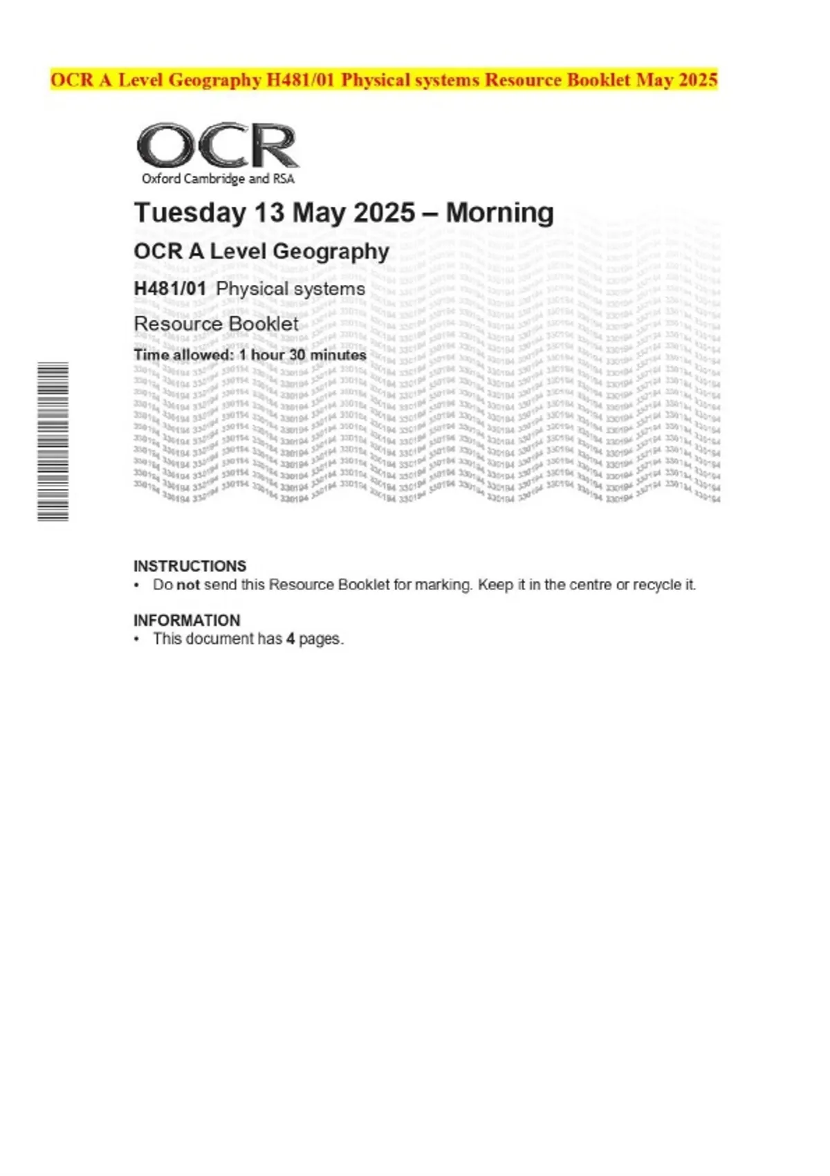 OCR A Level Geography H481/01 Physical systems Resource Booklet May ...