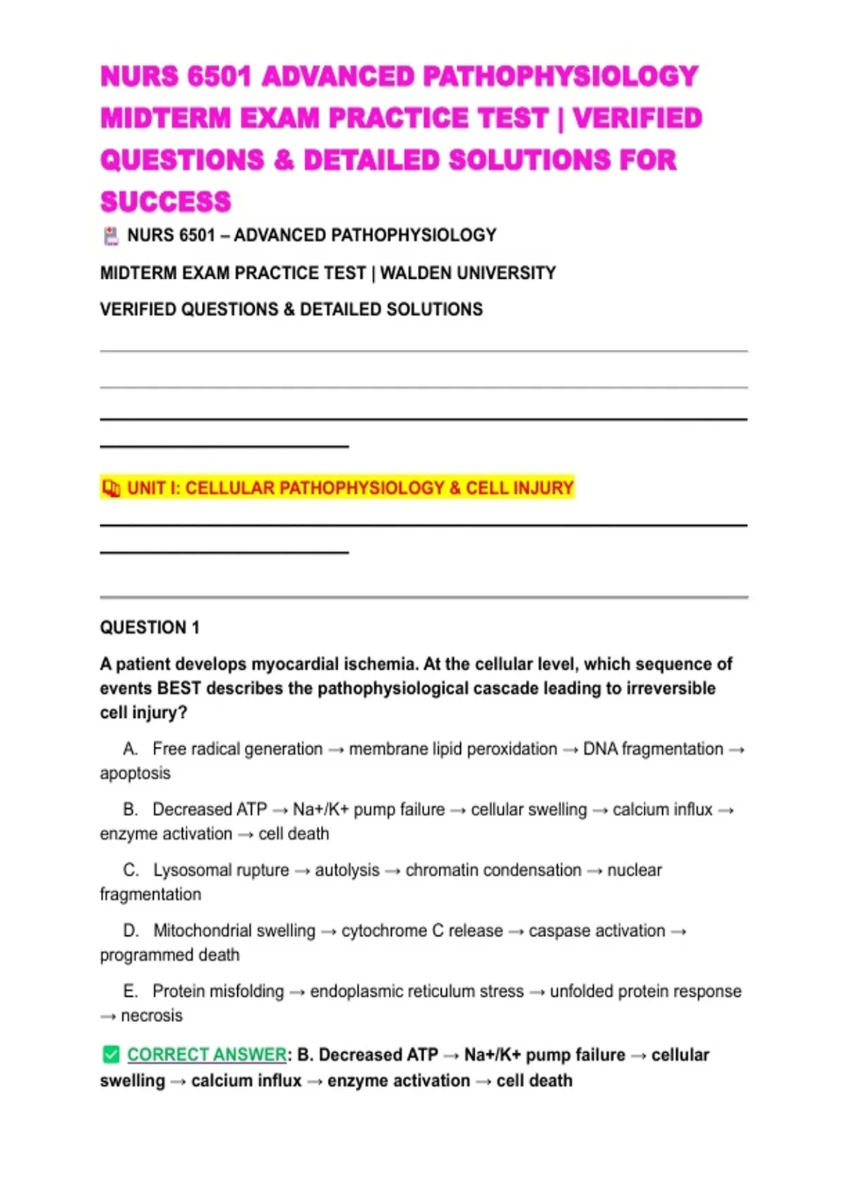 NURS 6501 ADVANCED PATHOPHYSIOLOGY MIDTERM EXAM PRACTICE TEST – WALDEN ...