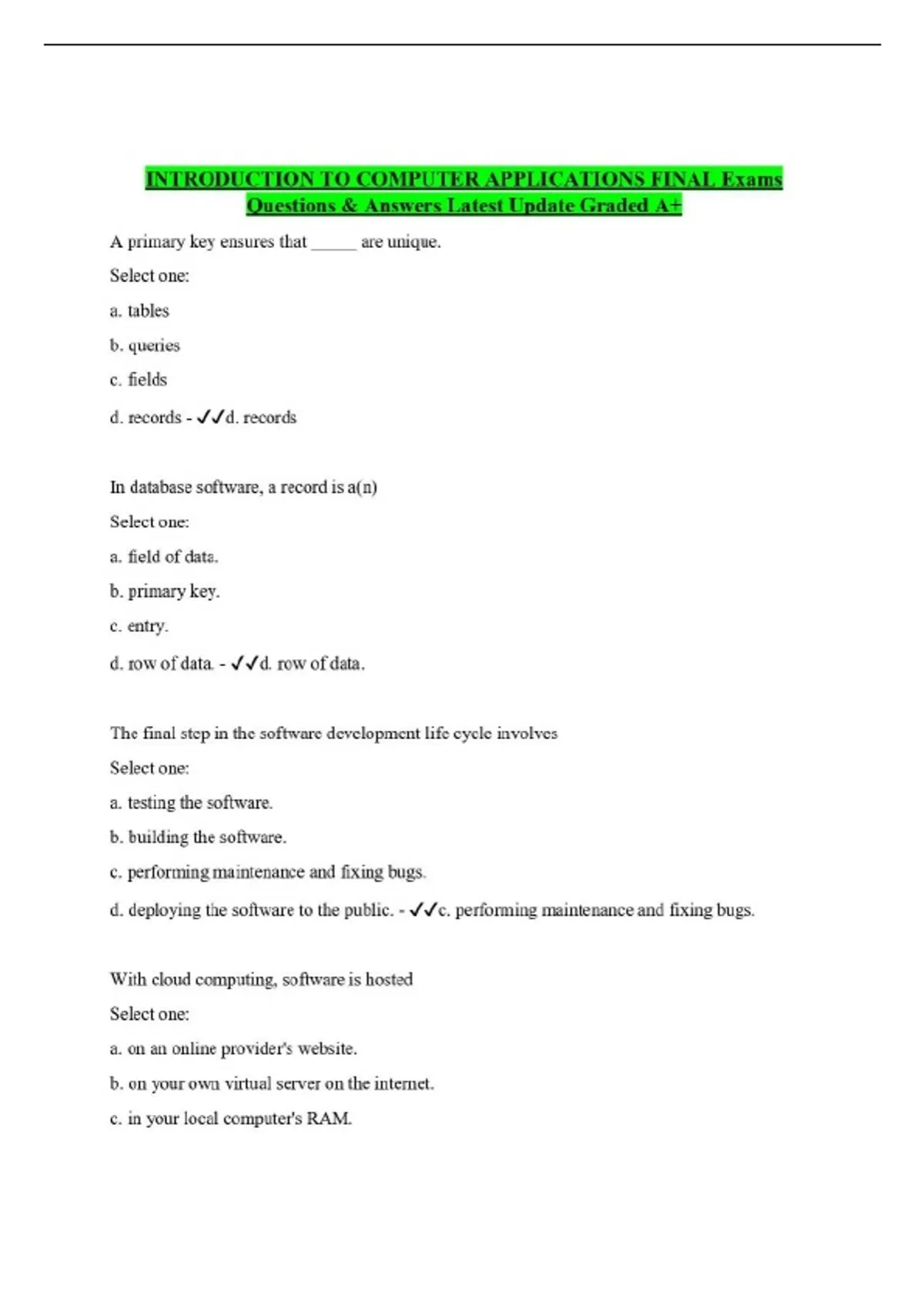 INTRODUCTION TO COMPUTER APPLICATIONS FINAL Exams - INTRO TO COMPUTER ...