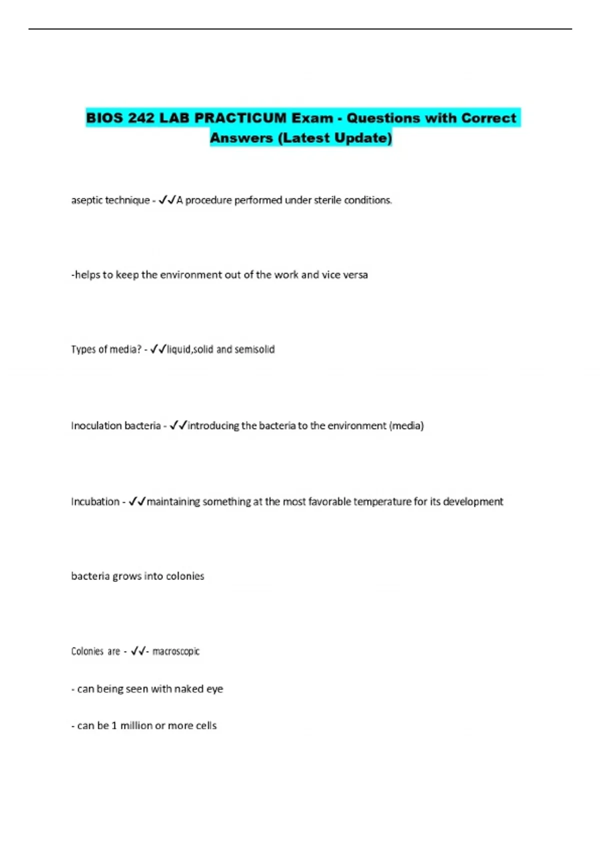 BIOS 242 LAB PRACTICUM Exam - Questions with Correct Answers (Latest ...