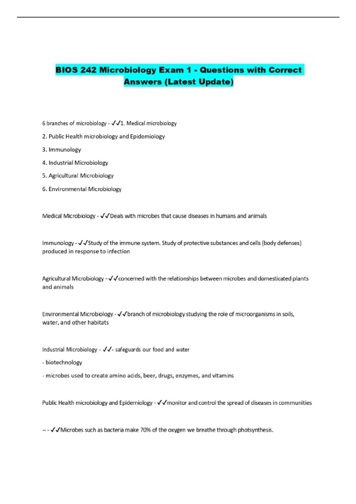 BIOS 242 Microbiology Exam 1 - Questions with Correct Answers (Latest ...