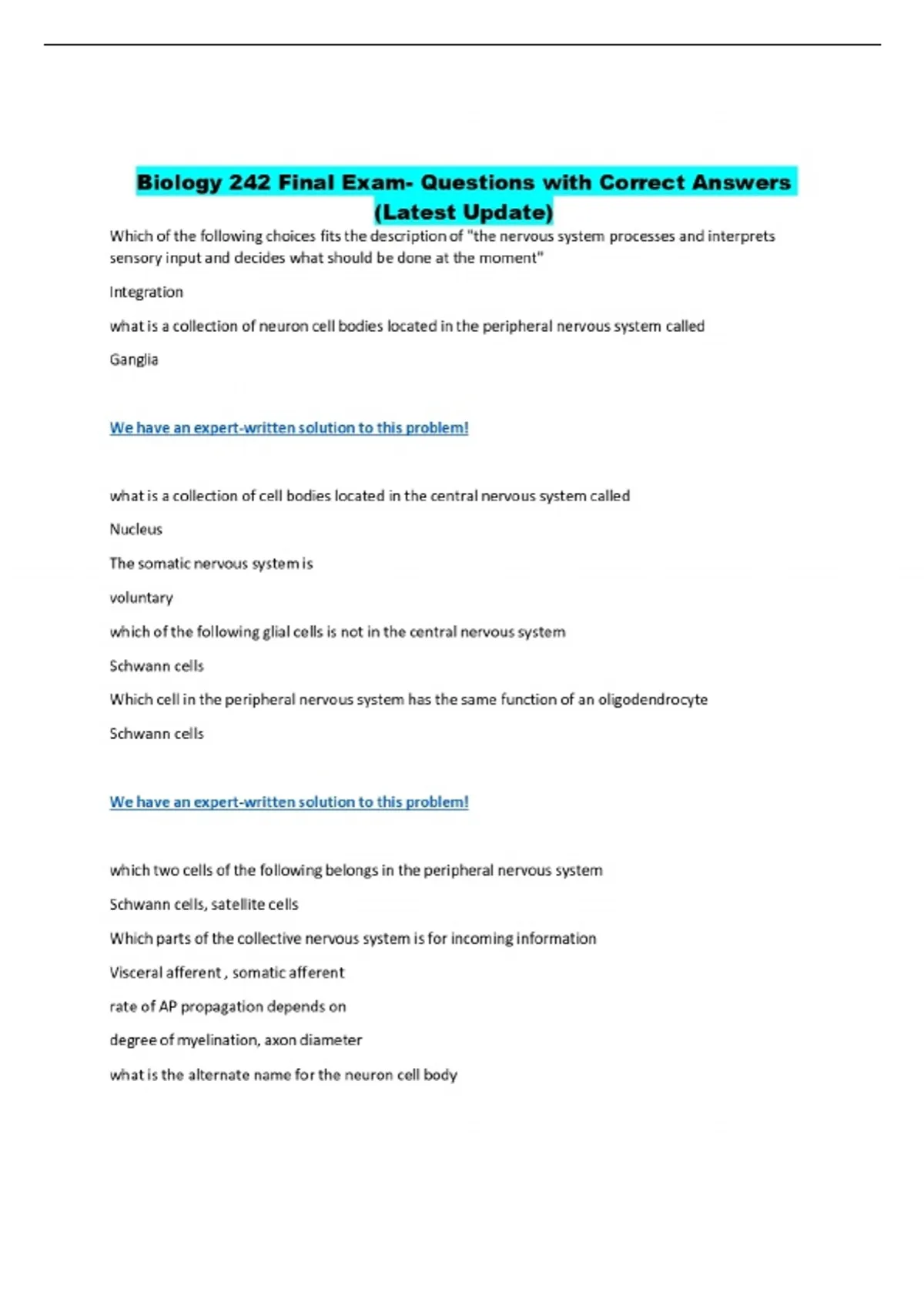 Biology 242 Final Exam- Questions with Correct Answers (Latest Update ...