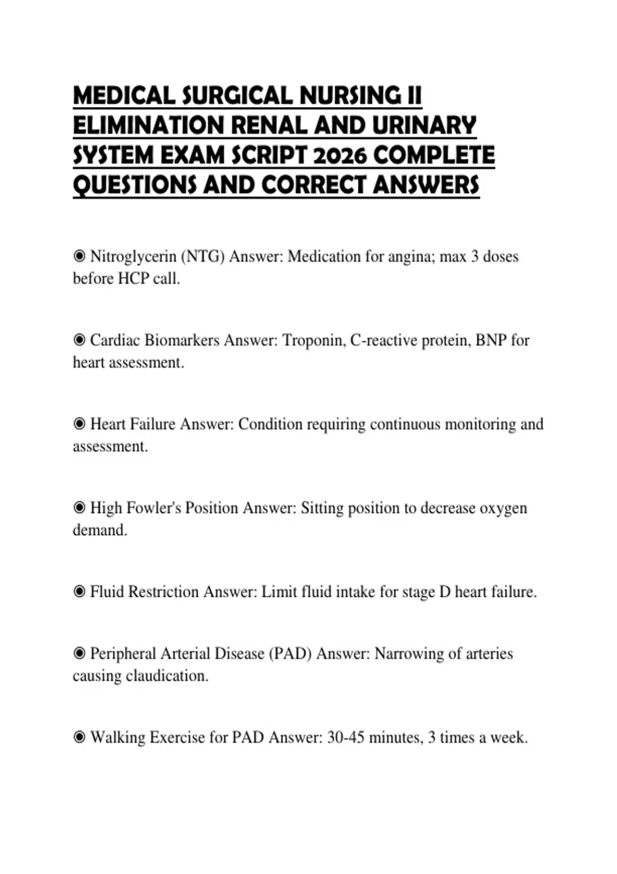 MEDICAL SURGICAL NURSING II ELIMINATION RENAL AND URINARY SYSTEM EXAM ...
