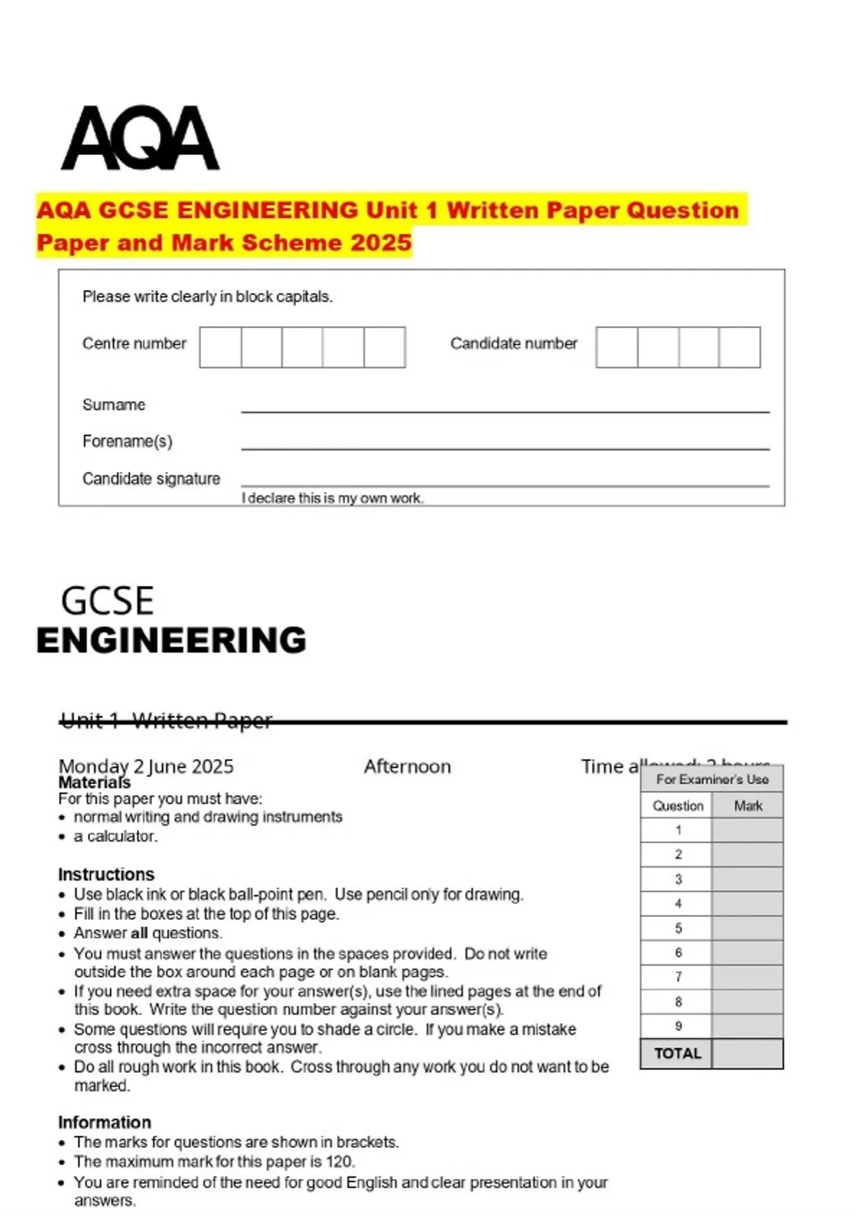 AQA GCSE ENGINEERING Unit 1 Written Paper Question Paper and Mark ...