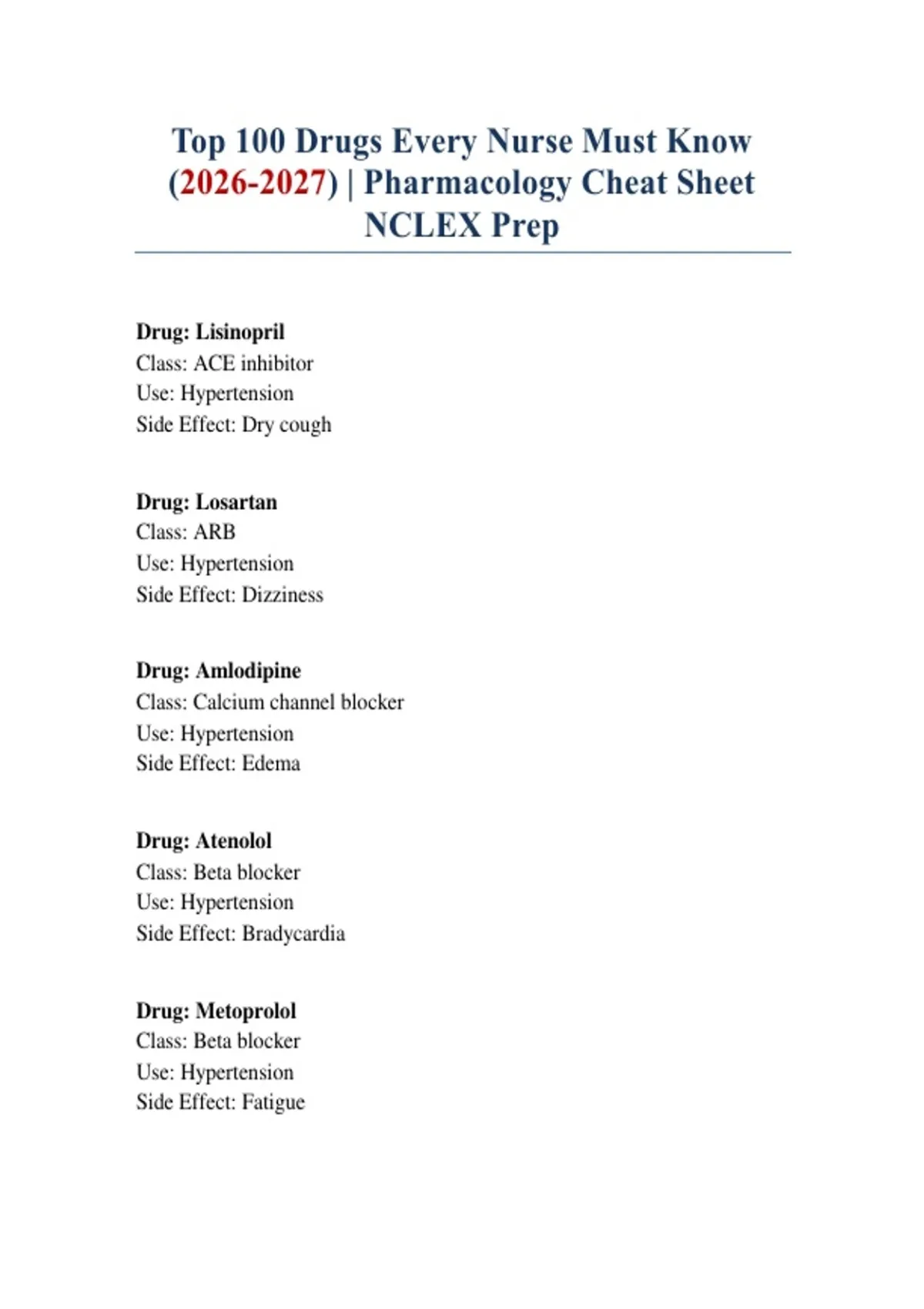 Top 100 Drugs Every Nurse Must Know () | Pharmacology Cheat Sheet NCLEX ...