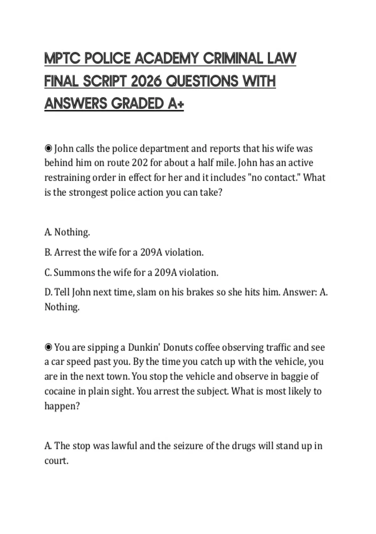Police Legal Script MPTC POLICE ACADEMY CRIMINAL LAW FINAL SCRIPT 2026 QUESTIONS WITH ...
