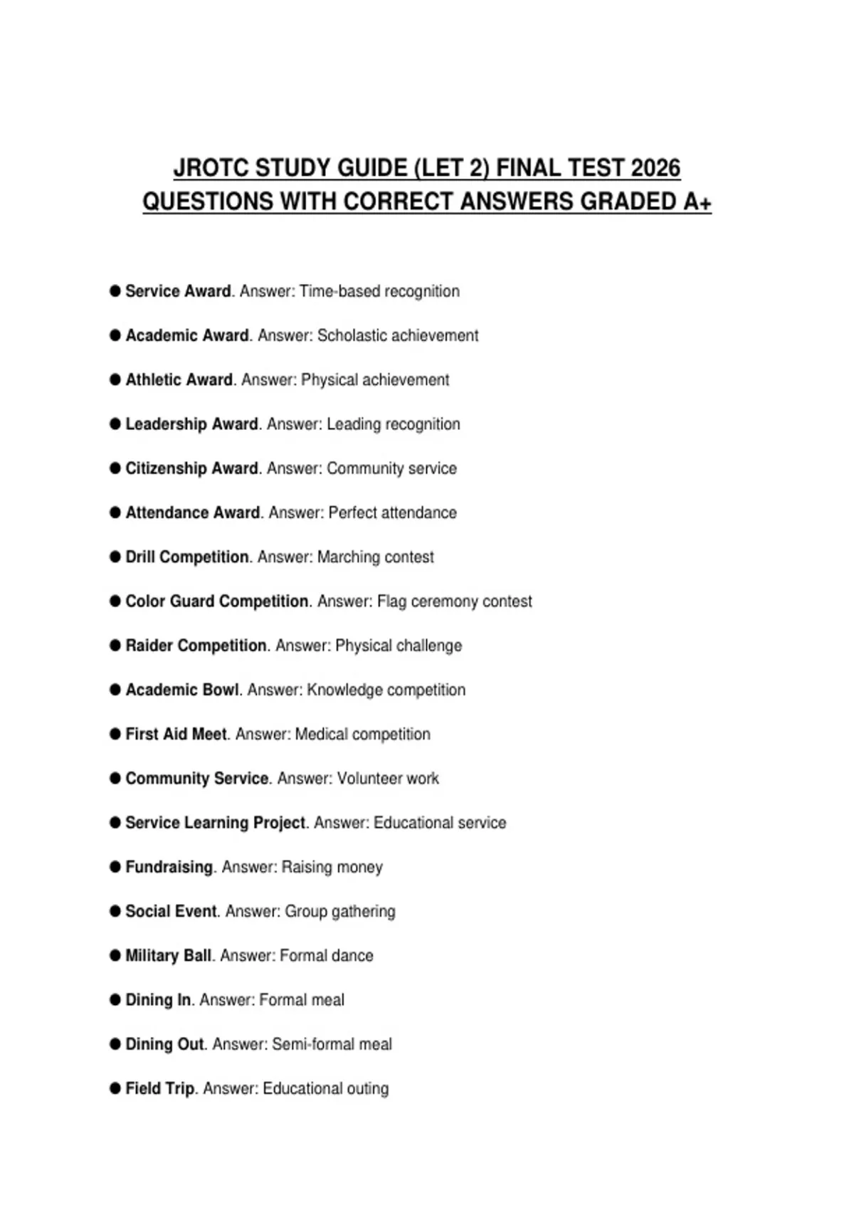 JROTC LET 1 SEMESTER ACTUAL EXAM PAPER 2026 QUESTIONS WITH ANSWERS ...