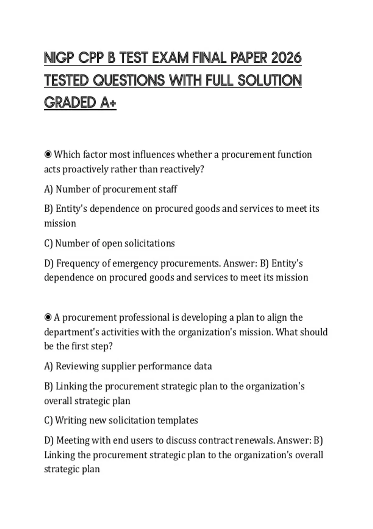 NIGP CPP B TEST EXAM FINAL PAPER 2026 TESTED QUESTIONS WITH FULL ...