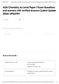 AQA Chemistry As Level Paper 1 Exam Questions and answers with verified Answers &lpar;Latest Update 2026&rpar; UPDATE&excl;&excl;