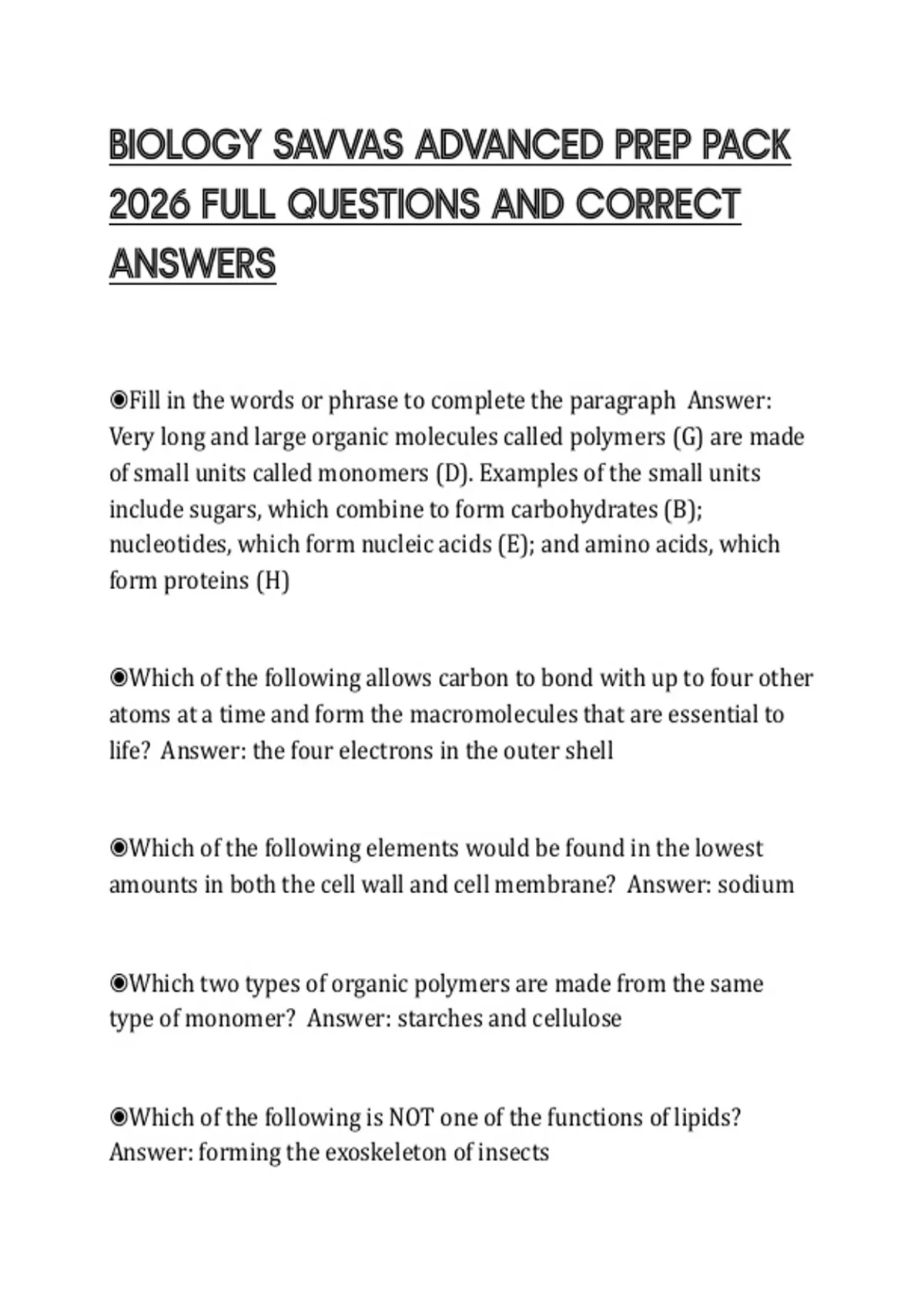 BIOLOGY SAVVAS ADVANCED PREP PACK 2026 FULL QUESTIONS AND CORRECT ...