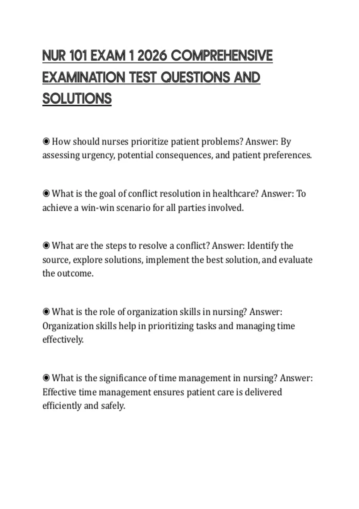 NUR 101 EXAM 1 2026 COMPREHENSIVE EXAMINATION TEST QUESTIONS AND ...