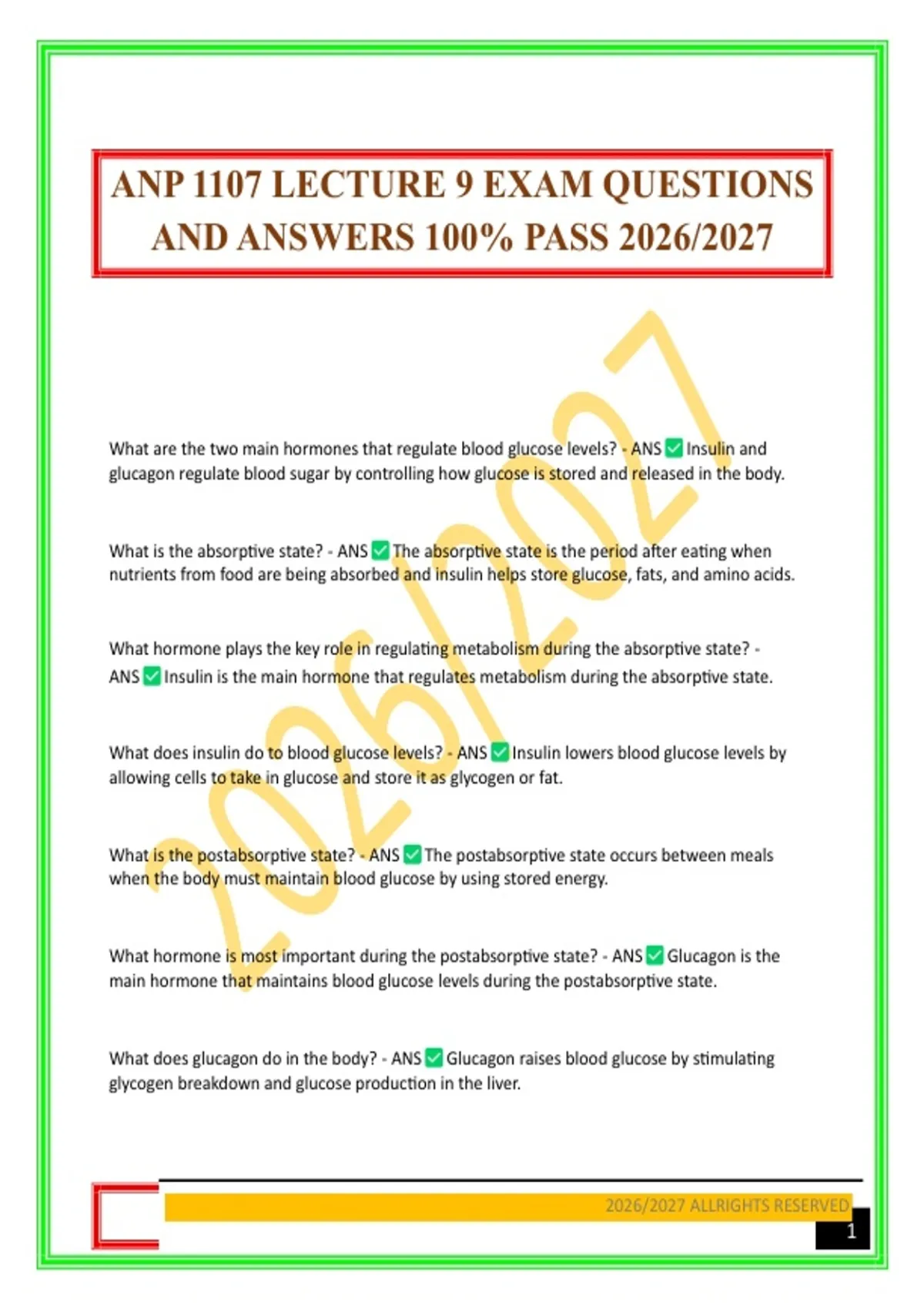 ANP 1107 LECTURE 9 EXAM QUESTIONS AND ANSWERS 100% PASS 2026/2027 - ANP ...