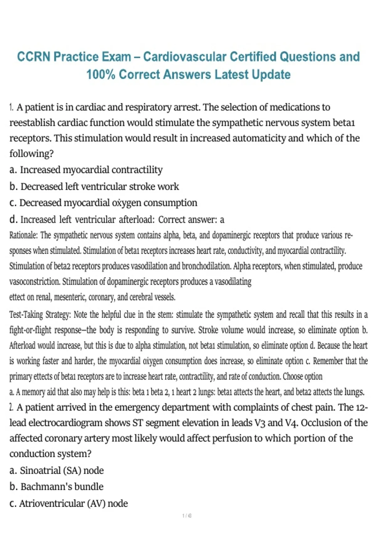 CCRN Practice Exam – Cardiovascular – Critical Care Nursing ...