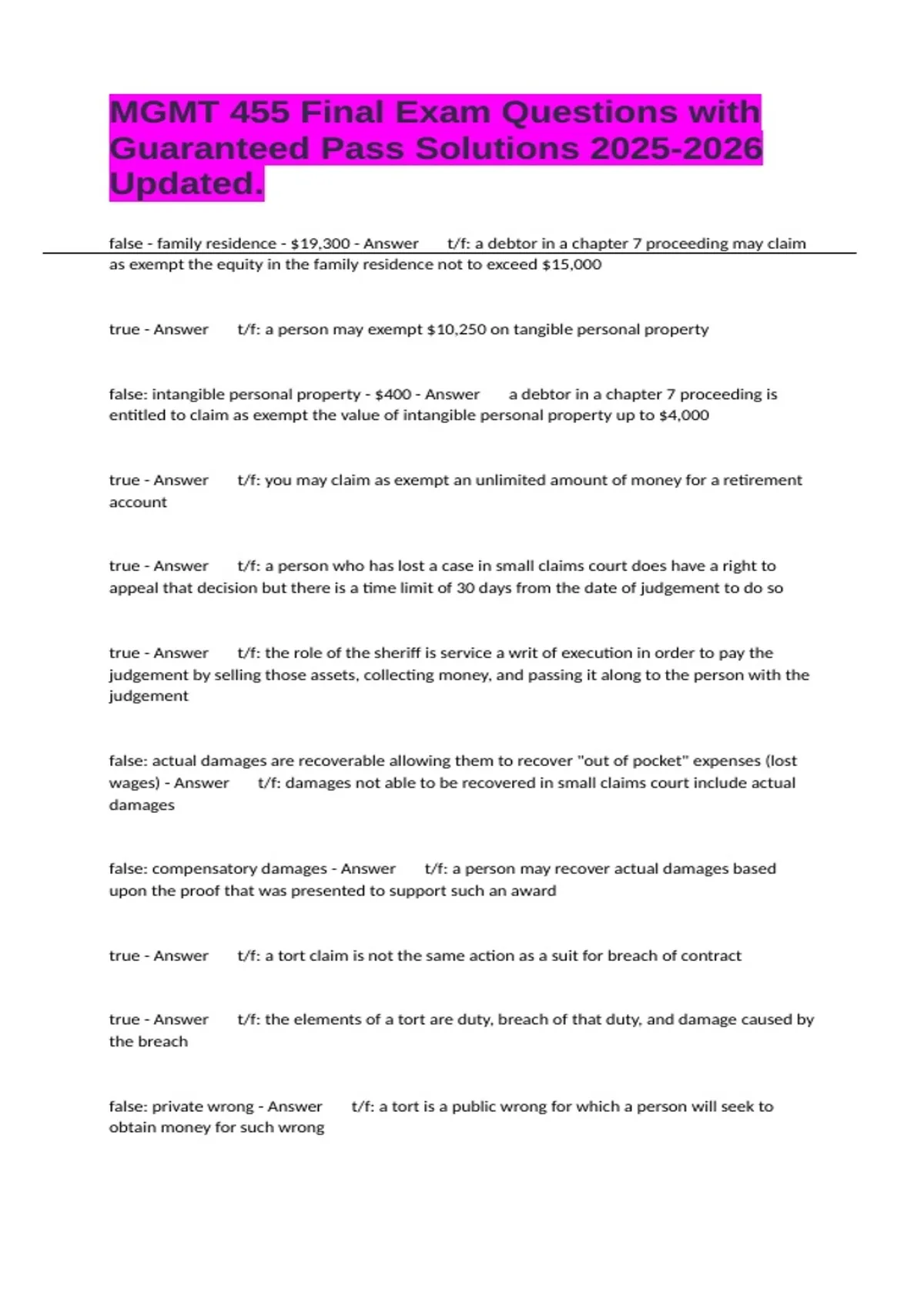 MGMT 455 Final Exam Questions with Guaranteed Pass Solutions Updated ...