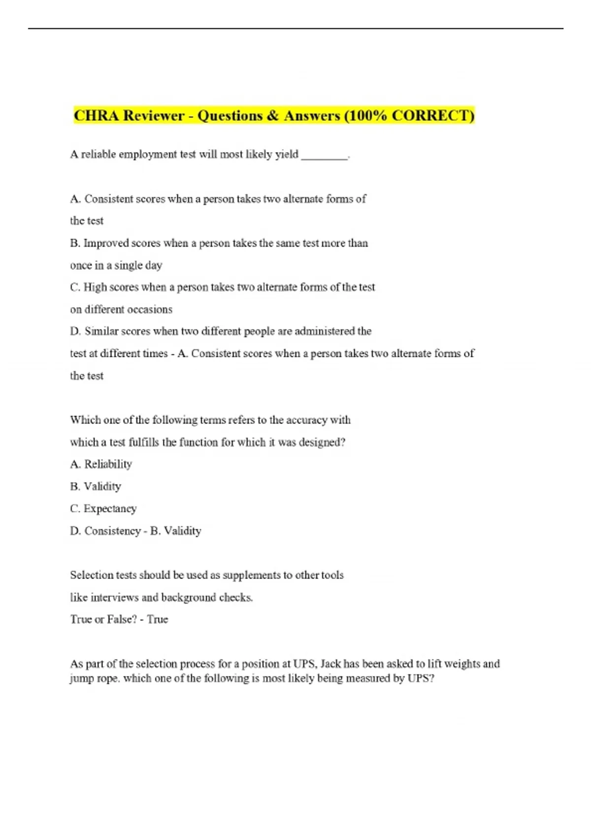 CHRA Reviewer - Questions & Answers (100% CORRECT) - CHRA - Stuvia US