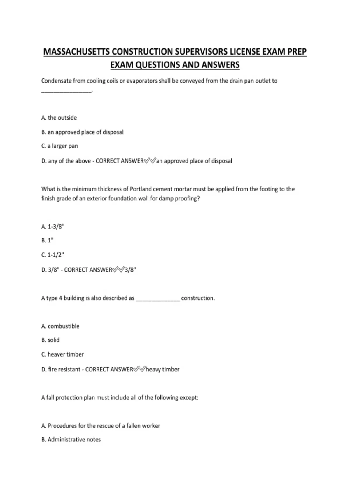 MASSACHUSETTS CONSTRUCTION SUPERVISORS LICENSE EXAM PREP EXAM QUESTIONS AND - MASSACHUSETTS ...