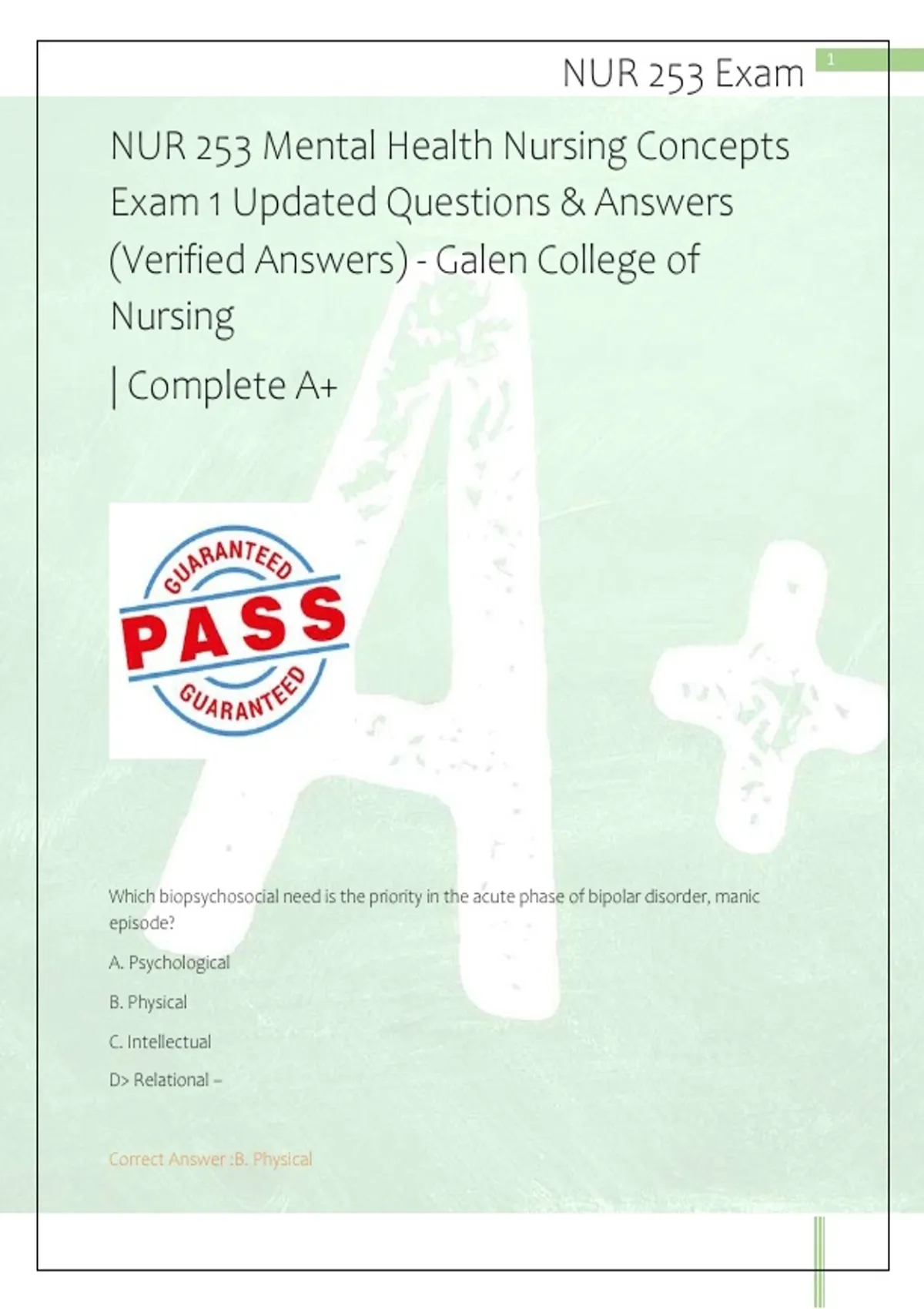 NUR 253 Mental Health Nursing Concepts Exam 1 Updated Questions ...