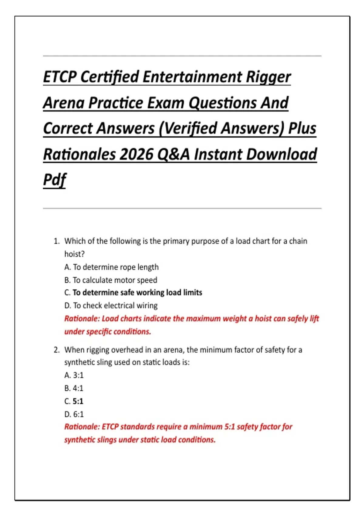 ETCP Certified Entertainment Rigger Arena Practice Exam Questions And ...