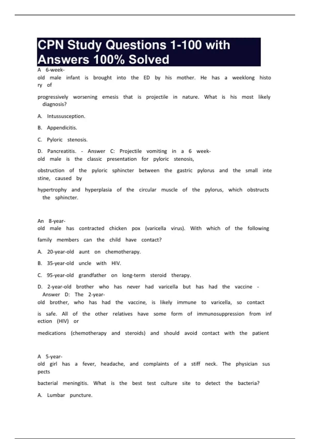 CPN Study Questions 1-100 with Answers 100% Solved - CPN - Stuvia US