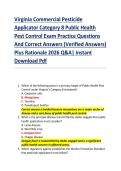 Virginia Commercial Pesticide  Applicator Category 8 Public Health  Pest Control Exam Practice Questions  And Correct Answers &lpar;Verified Answers&rpar;  Plus Rationale 2026 Q&A&vert; Instant  Download Pdf 