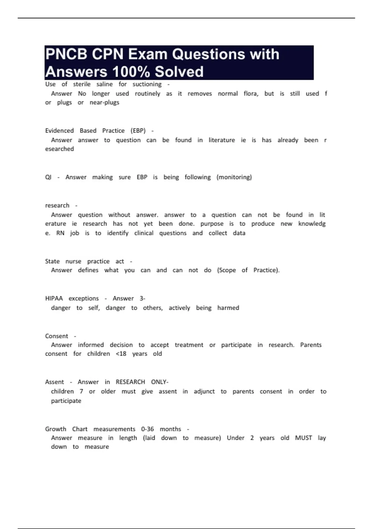 PNCB CPN Exam Questions with Answers 100% Solved - CPN - Stuvia US